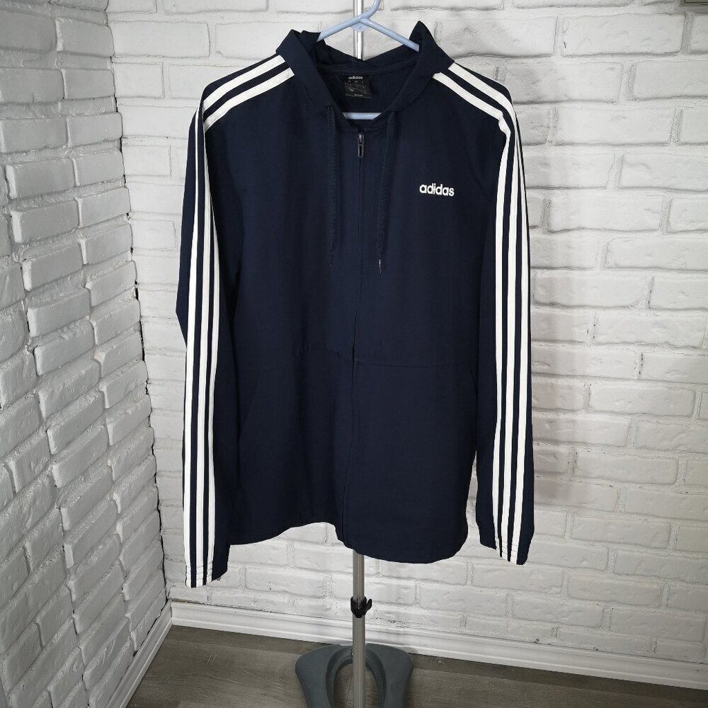 Adidas Men's Size Large Full Zip Navy with White Stripes Drawstring Hoodie